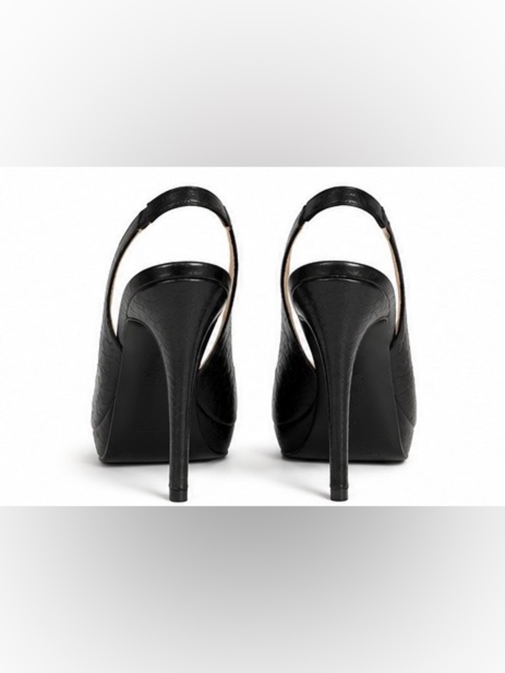 GUESS Black Snakeskin Embossed Peep Toe Platform Slingback Heels Size 6 - Picture 8 of 15